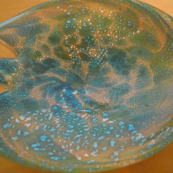Vtg MCM Murano Turquoise Silver Aventurine Flecks Cased Art Glass Fish Bowl Dish - Picture 4 of 6